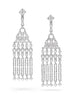 Long, chandelier style earrings in platinum in diamond from the Art Deco period. The earrings are photographed on a white background and a two-dimensional pagoda shape design suspends a curtain of diamonds with round and marquise shaped stones. 