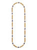 Georgian style yellow gold long chain with egg-shaped lapis beads placed every few inches. 14 lapis beads in total. The gold chain thick, with a braided effect. Photographed on a white background. 